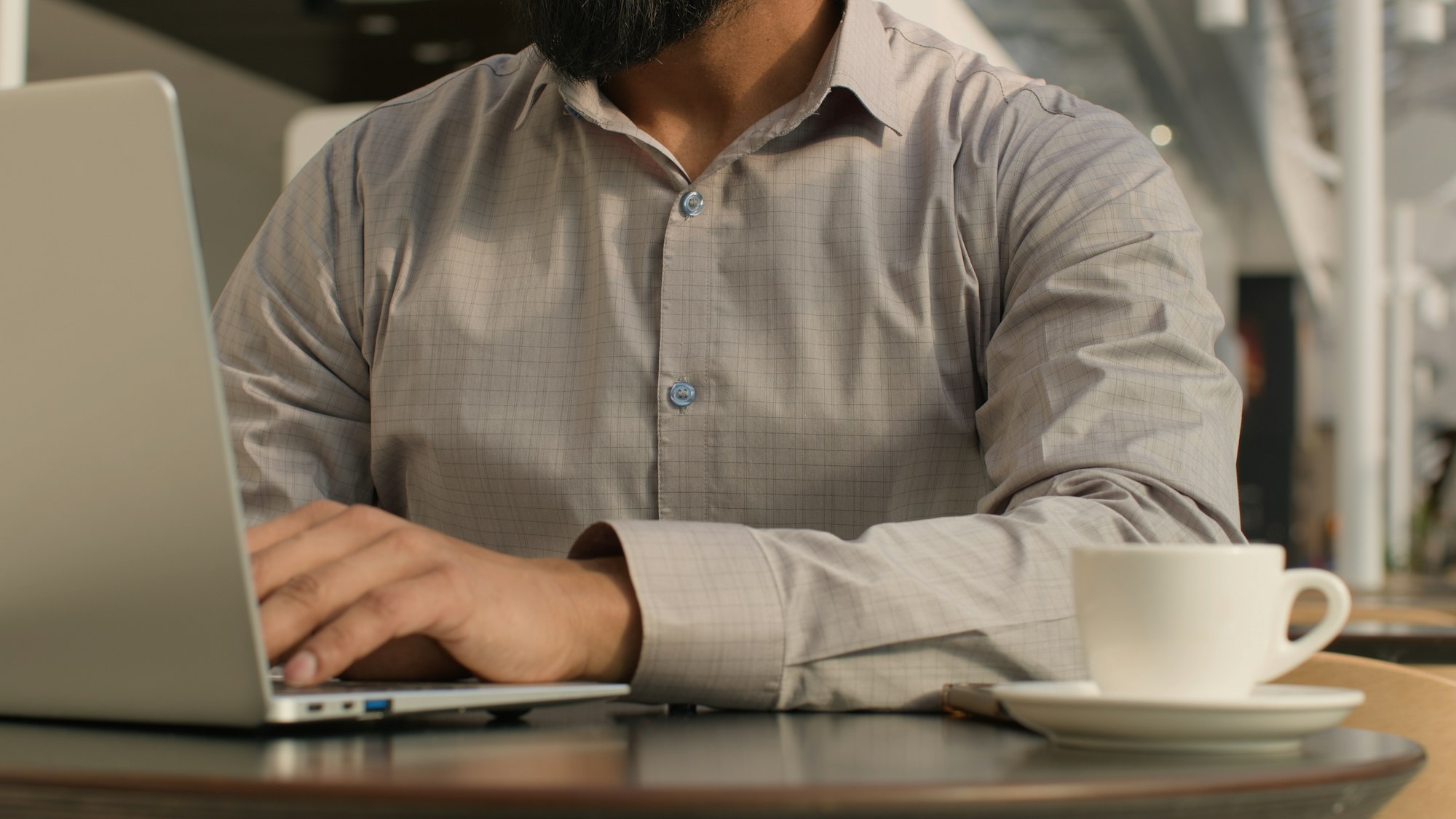 Close-up unrecognizable man guy typing on laptop businessman freelancer programmer working remote on